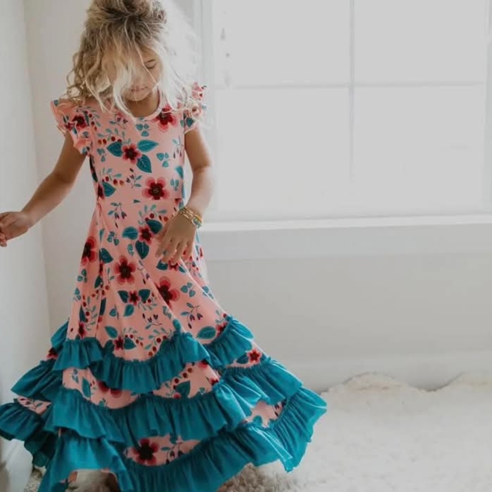 Floral Peach and Blue Kids Dress